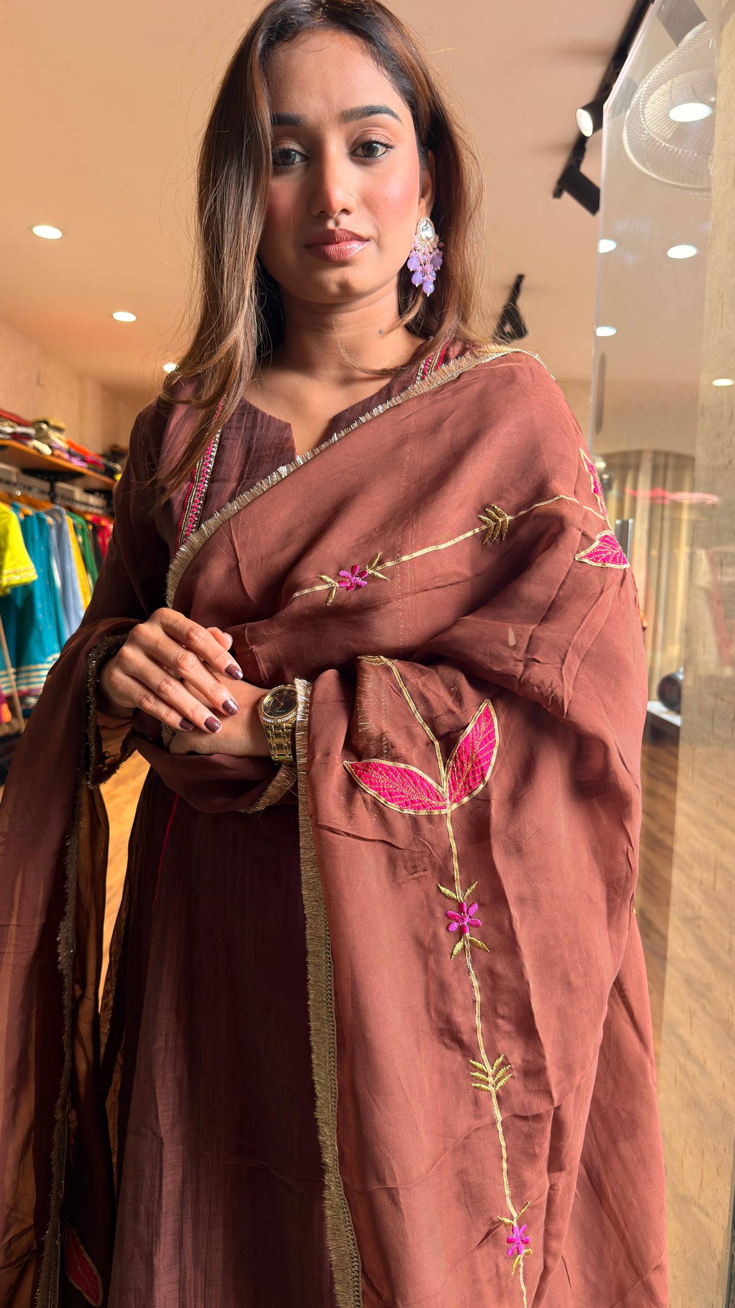 Cocoa Brown Embroidered Kurta Set with Dupatta