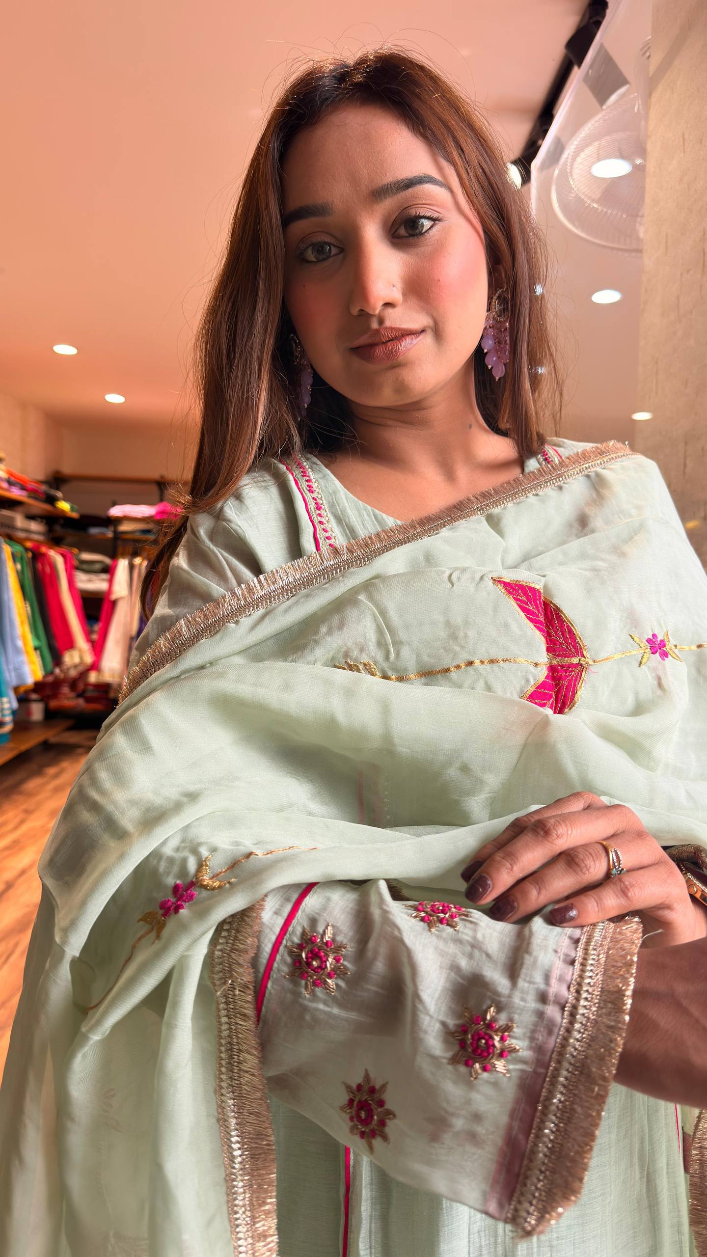 Mint Pista petal motif Embroidered Kurta Set with Dupatta