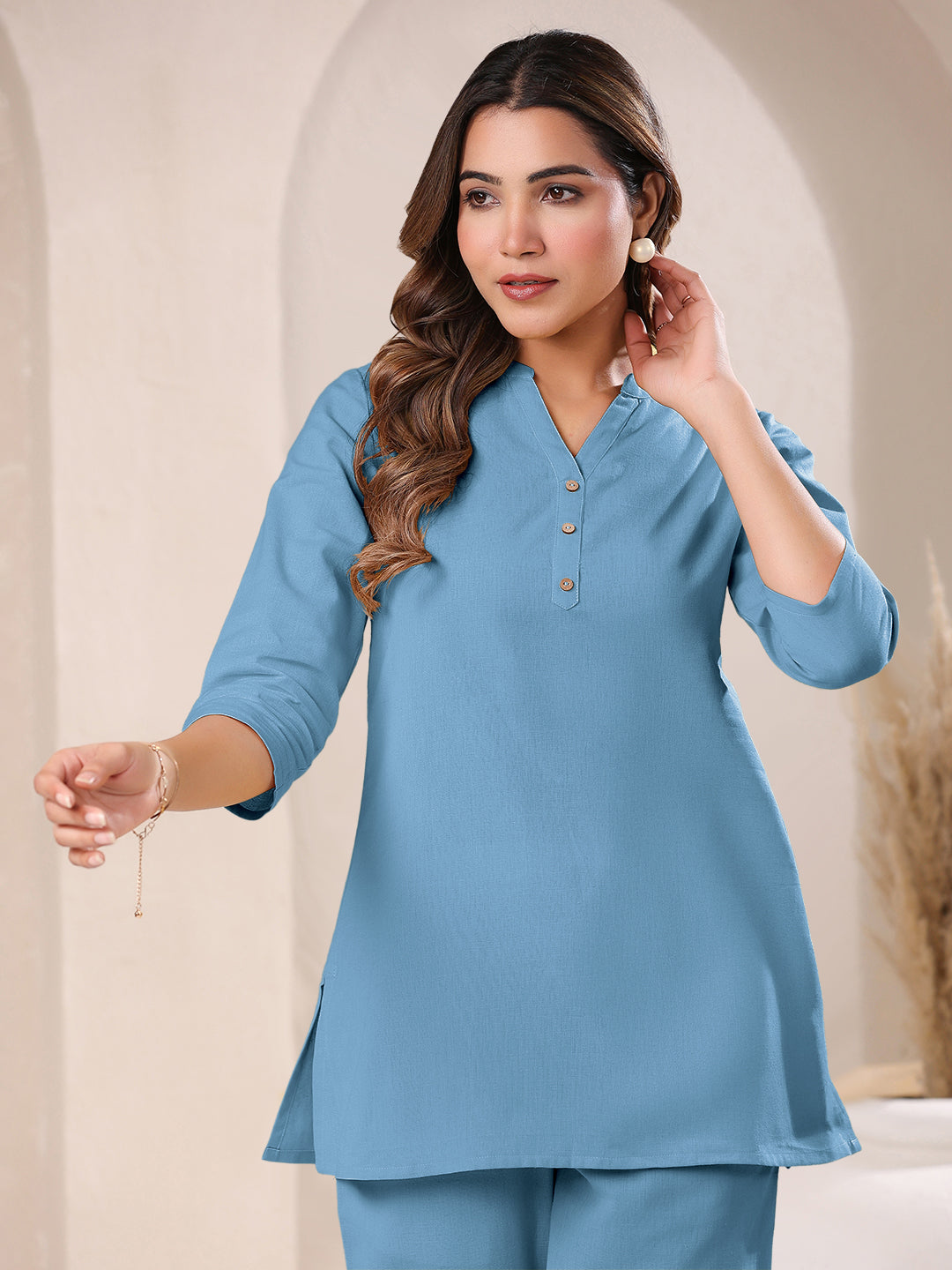 Light Blue Cotton Solid A-line & Co-ord Set