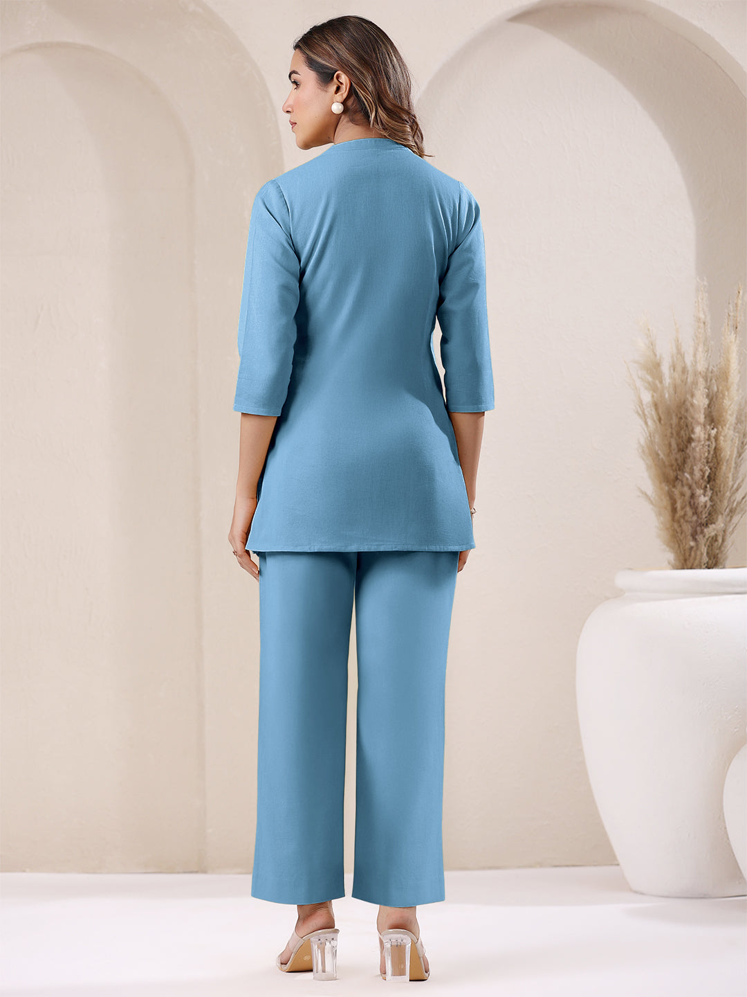 Light Blue Cotton Solid A-line & Co-ord Set