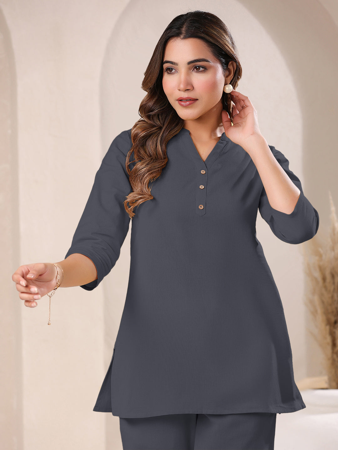 Grey Cotton Solid A-line & Co-ord Set