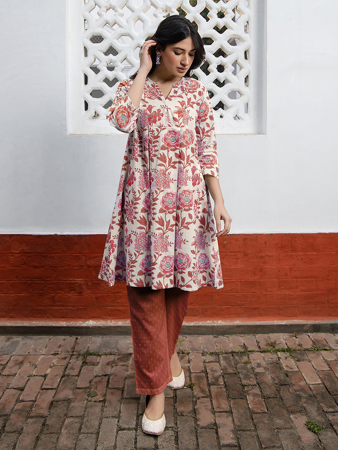 Off White Pure Cotton Floral Printed A-line Tunic