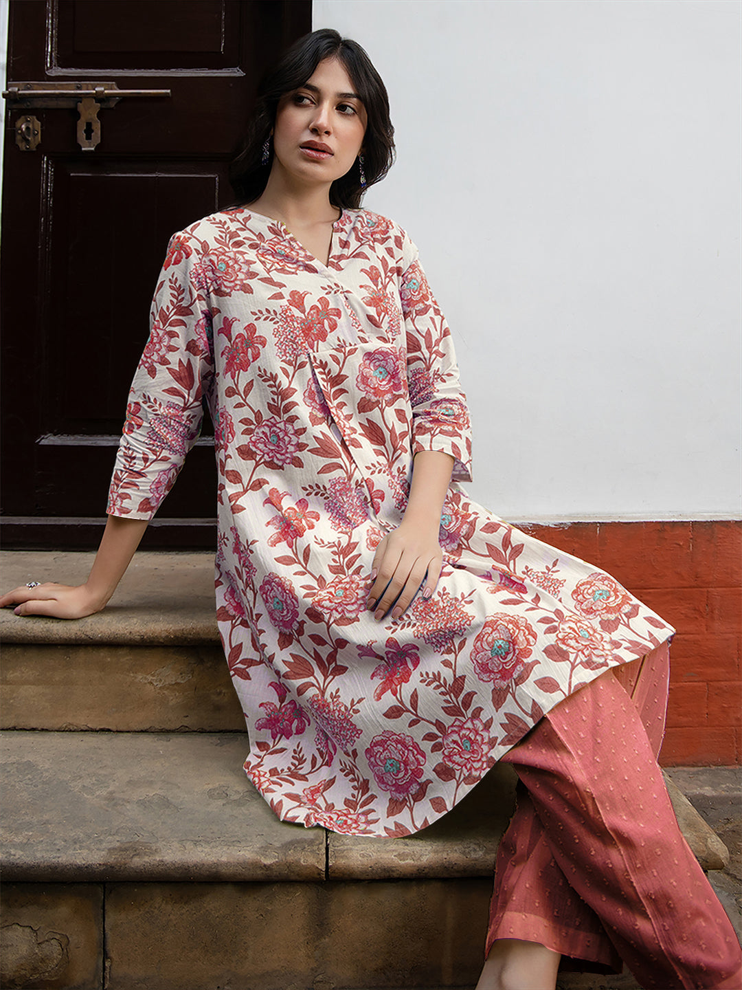 Off White Pure Cotton Floral Printed A-line Tunic
