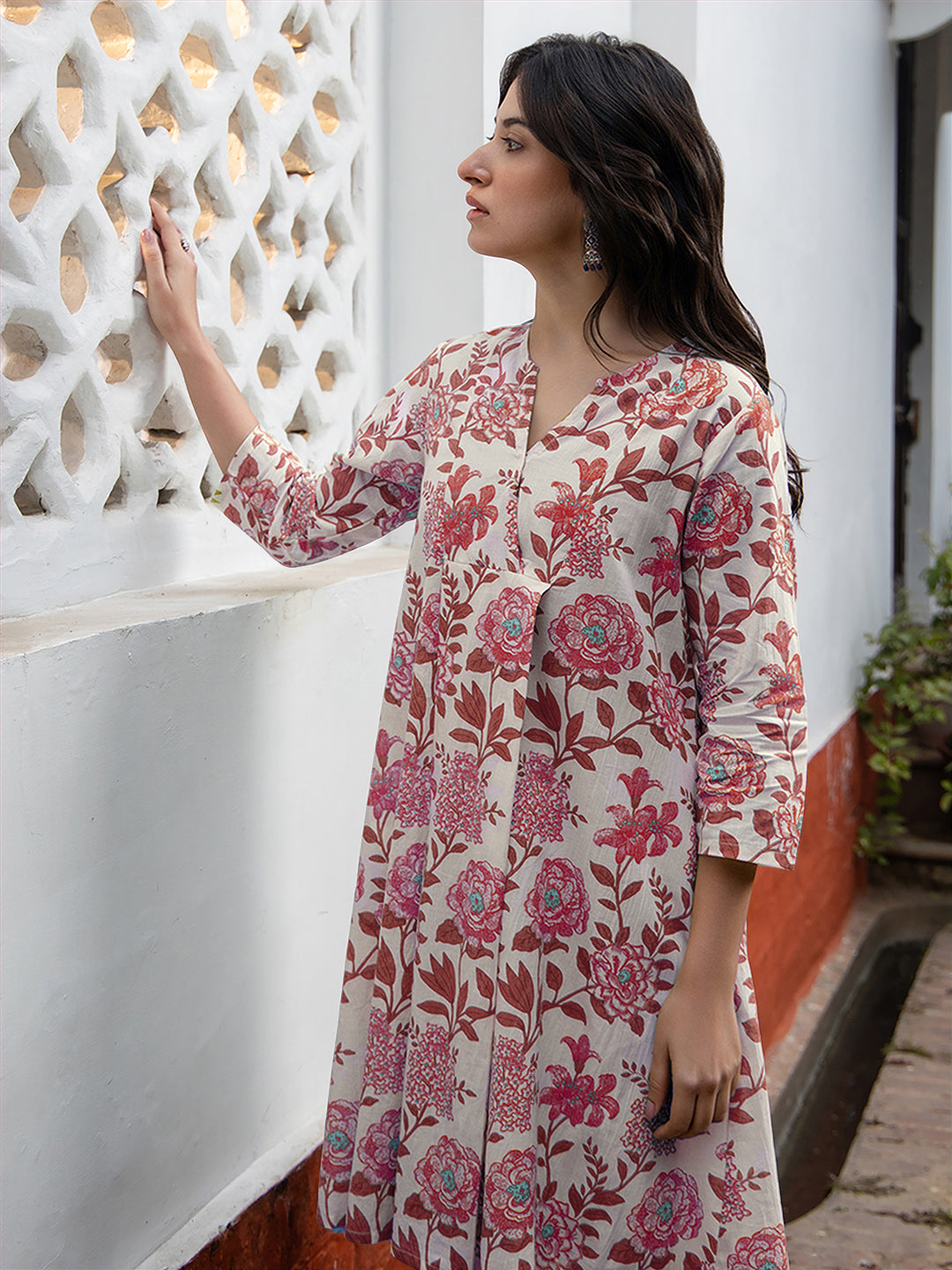 Off White Pure Cotton Floral Printed A-line Tunic