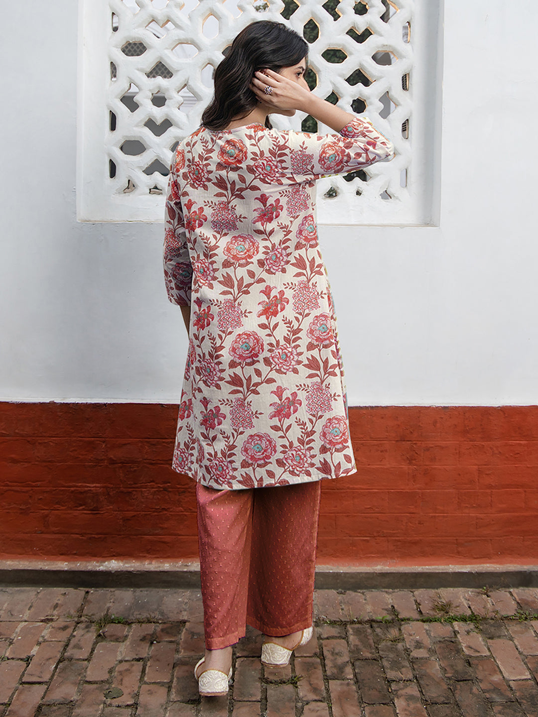 Off White Pure Cotton Floral Printed A-line Tunic