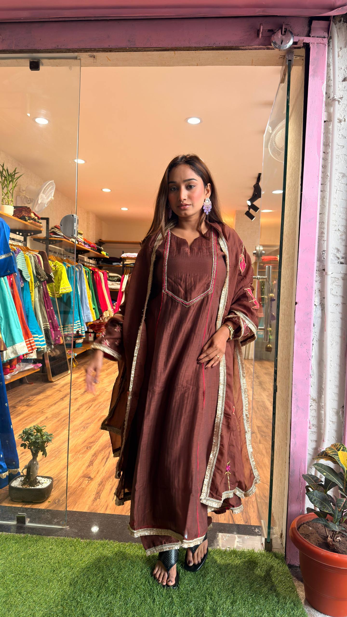 Cocoa Brown Embroidered Kurta Set with Dupatta