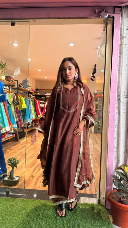 Cocoa Brown Embroidered Kurta Set with Dupatta