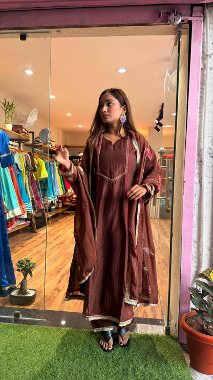 Cocoa Brown Embroidered Kurta Set with Dupatta