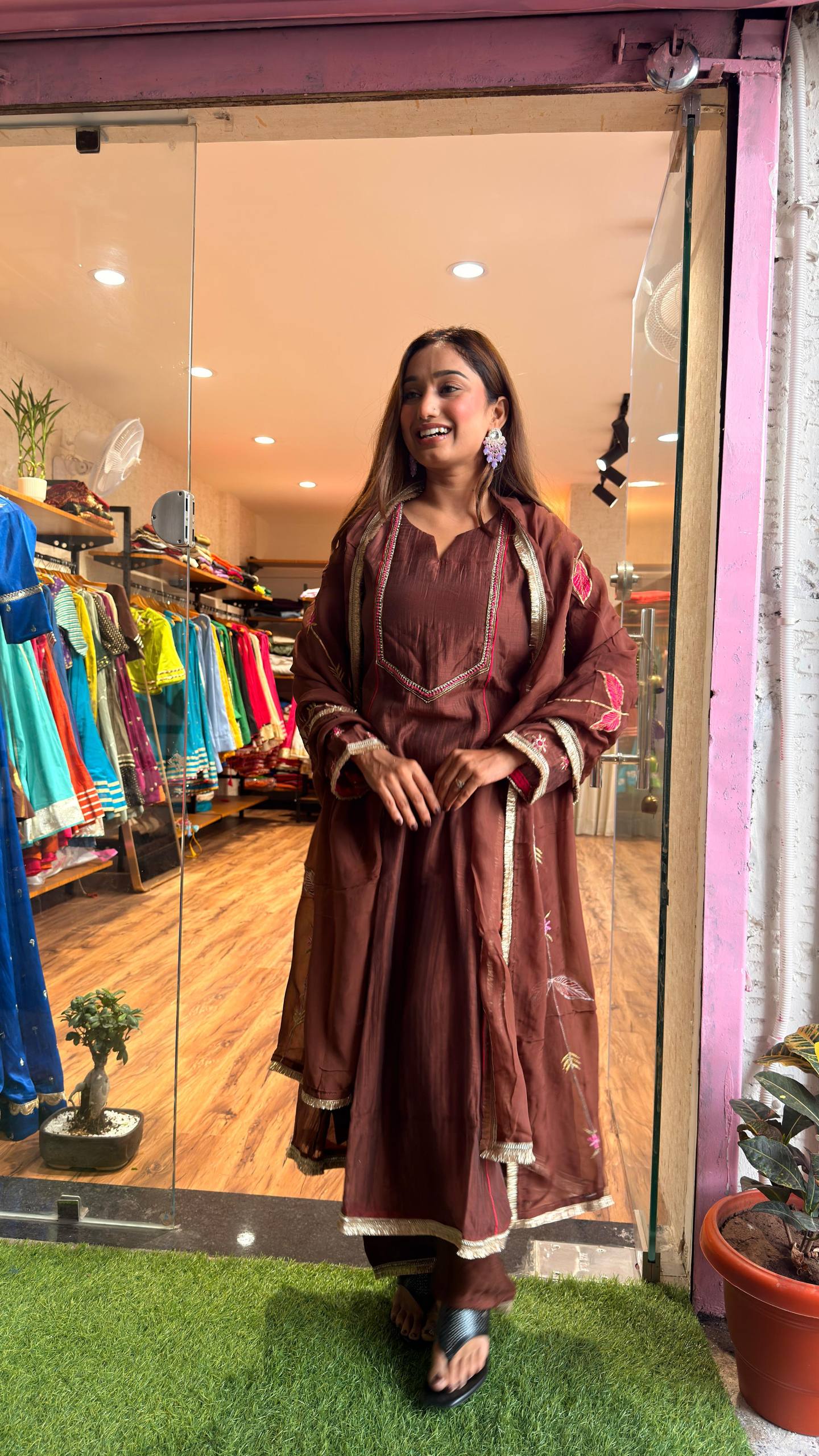 Cocoa Brown Embroidered Kurta Set with Dupatta