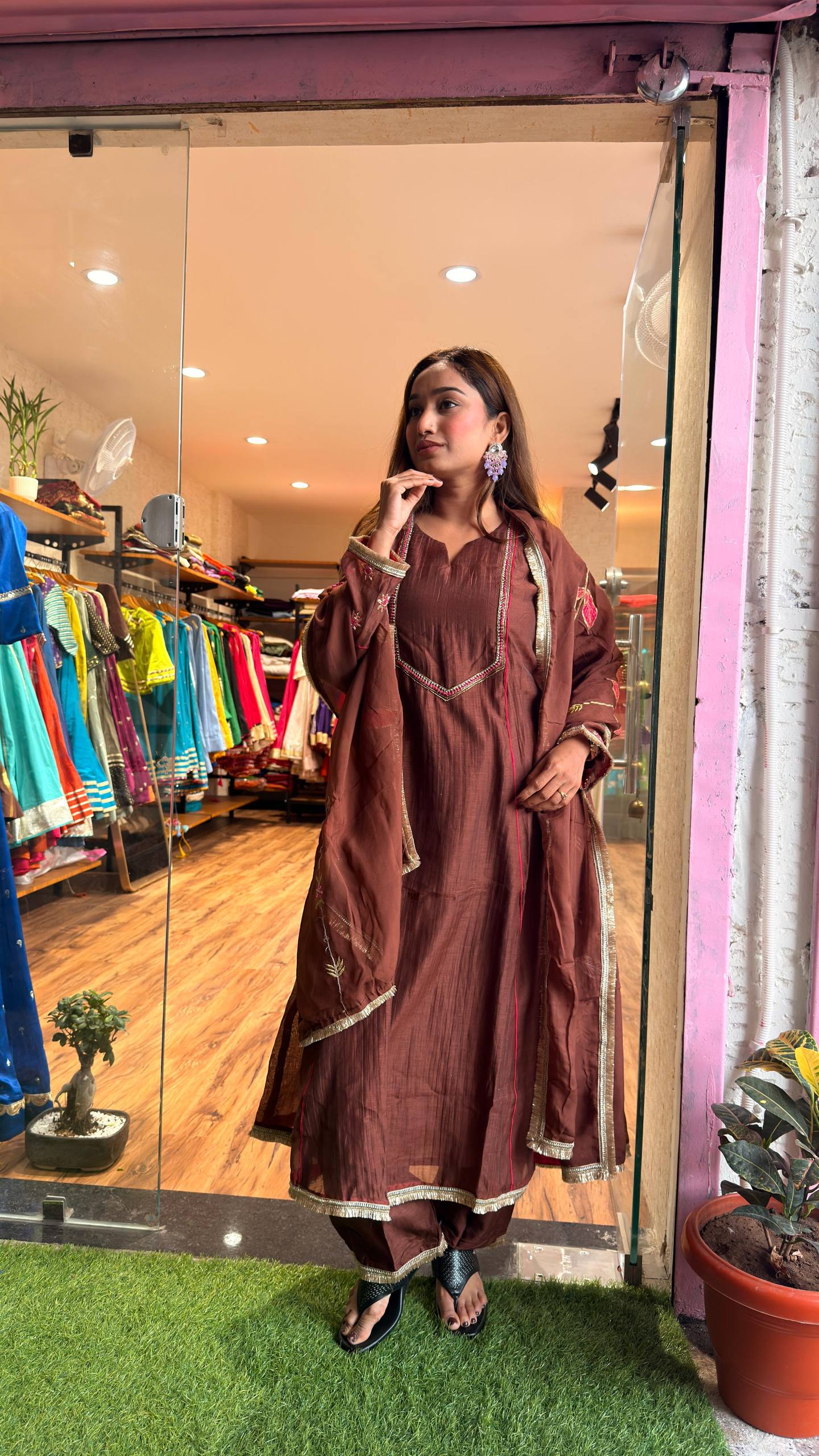 Cocoa Brown Embroidered Kurta Set with Dupatta