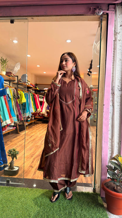 Cocoa Brown Embroidered Kurta Set with Dupatta