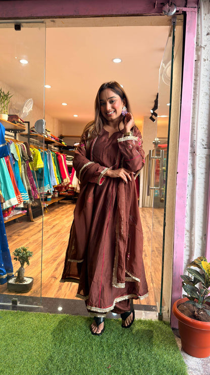 Cocoa Brown Embroidered Kurta Set with Dupatta