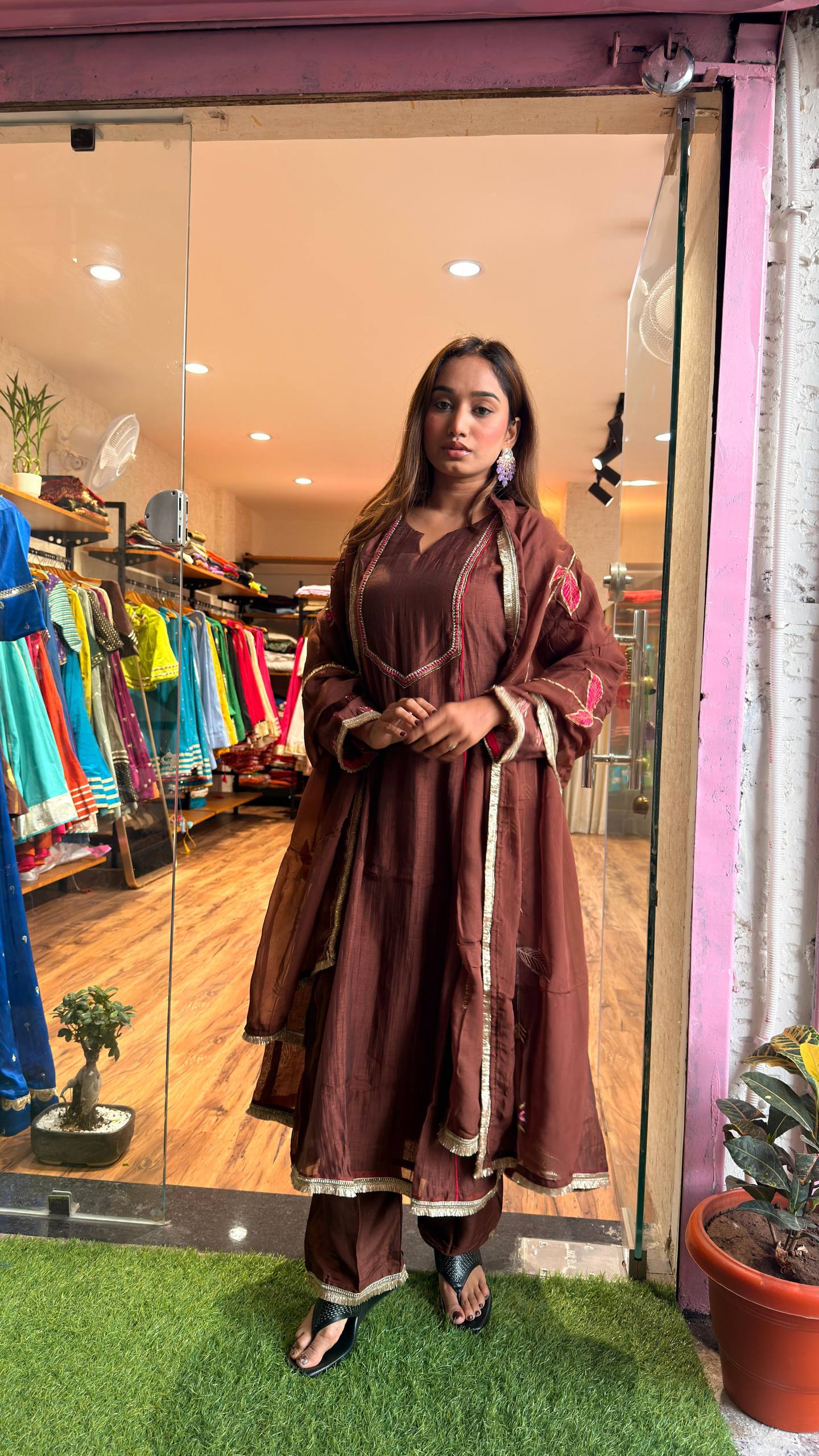 Cocoa Brown Embroidered Kurta Set with Dupatta