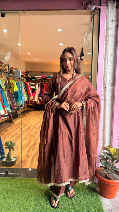 Cocoa Brown Embroidered Kurta Set with Dupatta