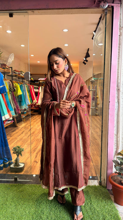 Cocoa Brown Embroidered Kurta Set with Dupatta