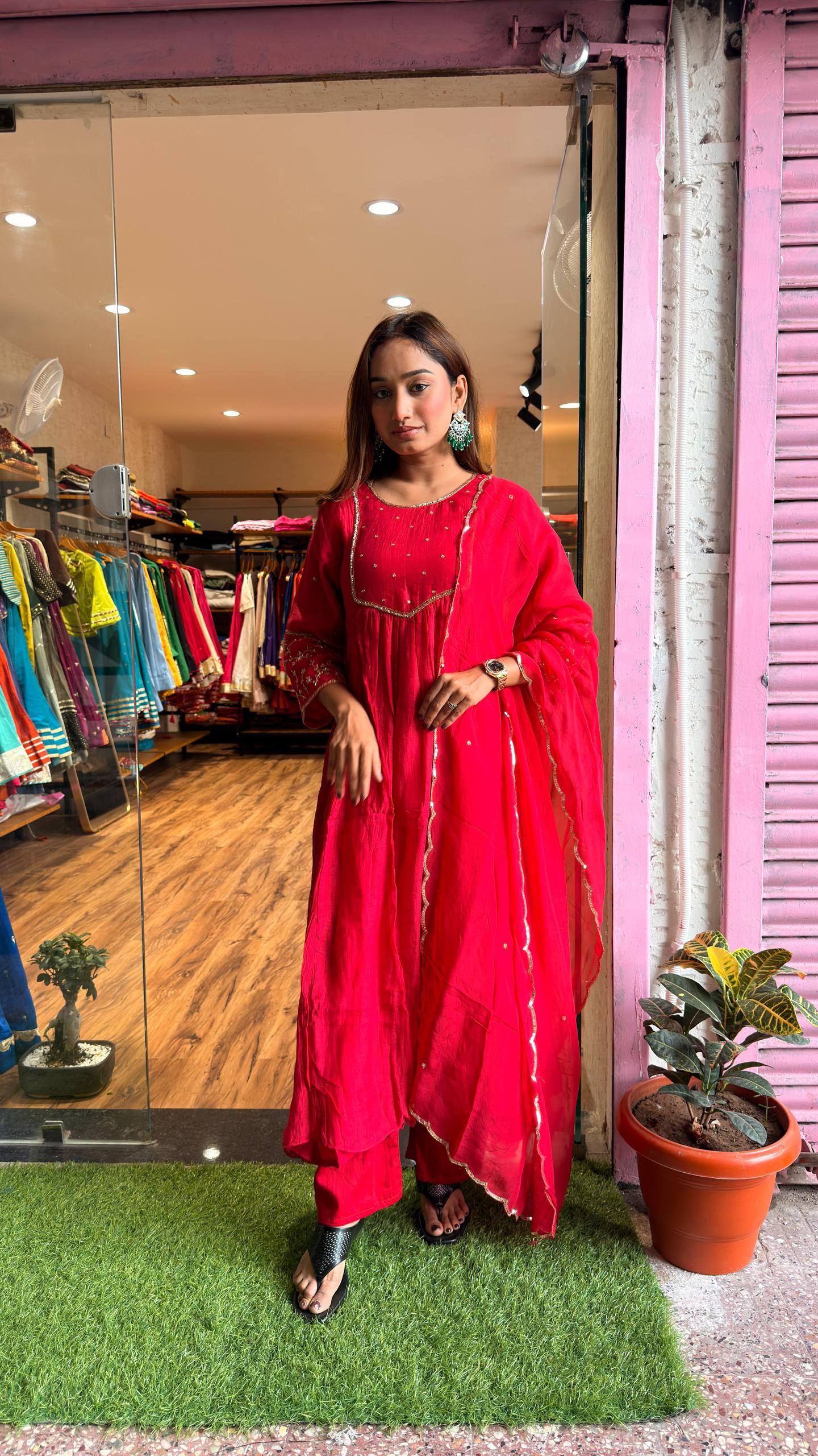Ruby Red Embroidered Kurta Set with Dupatta