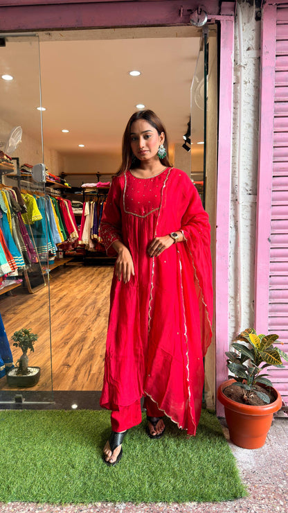 Ruby Red Embroidered Kurta Set with Dupatta