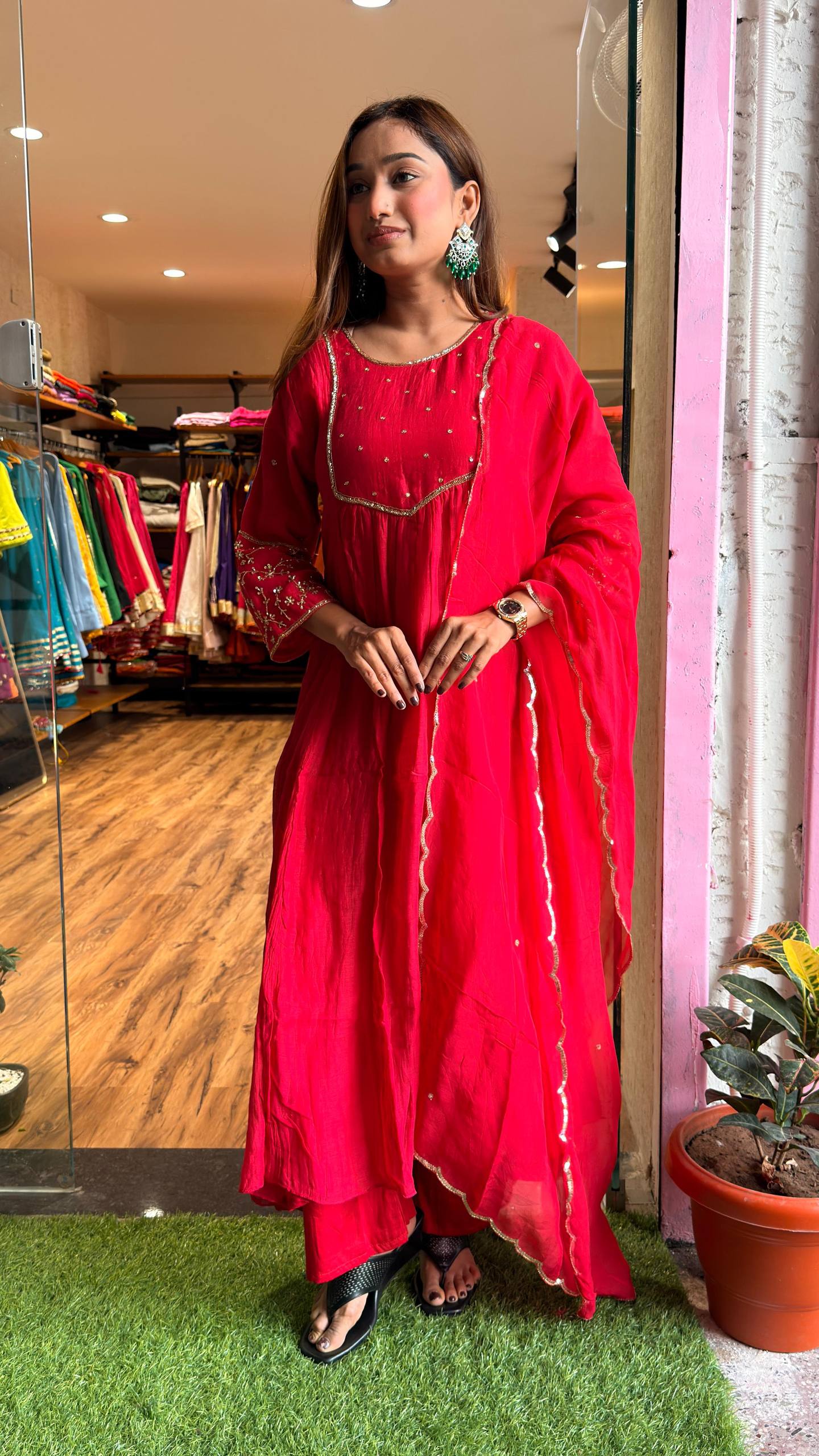 Ruby Red Embroidered Kurta Set with Dupatta