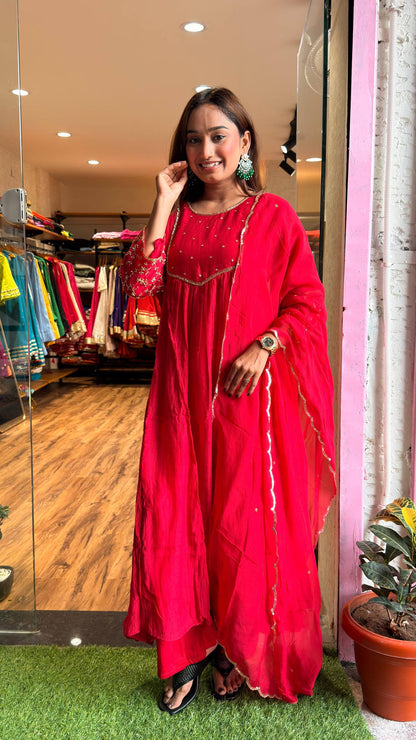 Ruby Red Embroidered Kurta Set with Dupatta