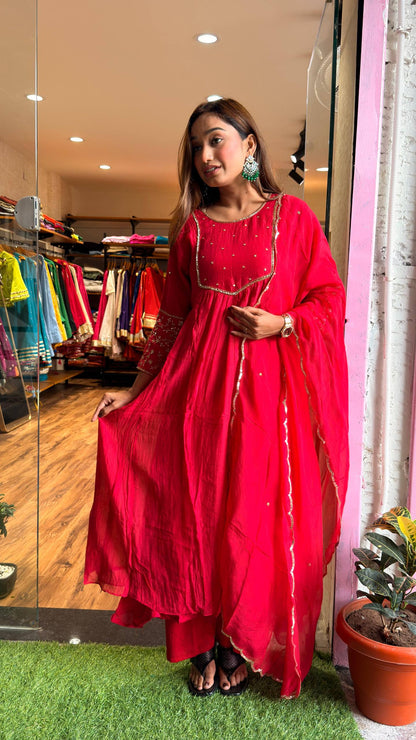 Ruby Red Embroidered Kurta Set with Dupatta