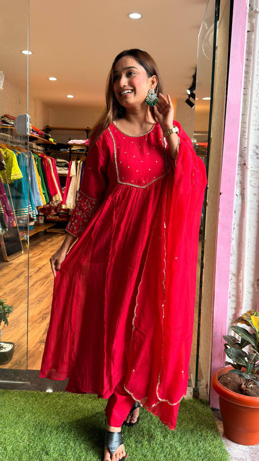 Ruby Red Embroidered Kurta Set with Dupatta