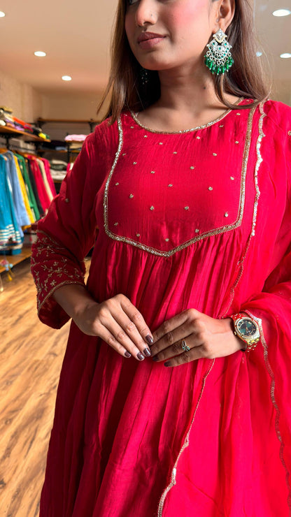 Ruby Red Embroidered Kurta Set with Dupatta
