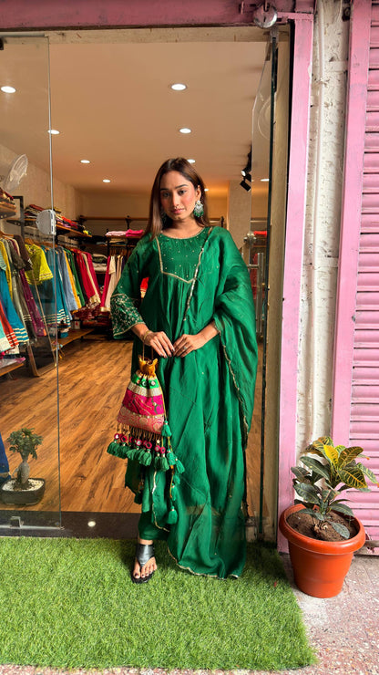 Emerald Green Embroidered Kurta Set with Dupatta