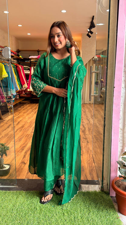 Emerald Green Embroidered Kurta Set with Dupatta