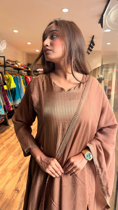 Mocha Beige Glow Tissue Kurta Set with Dupatta