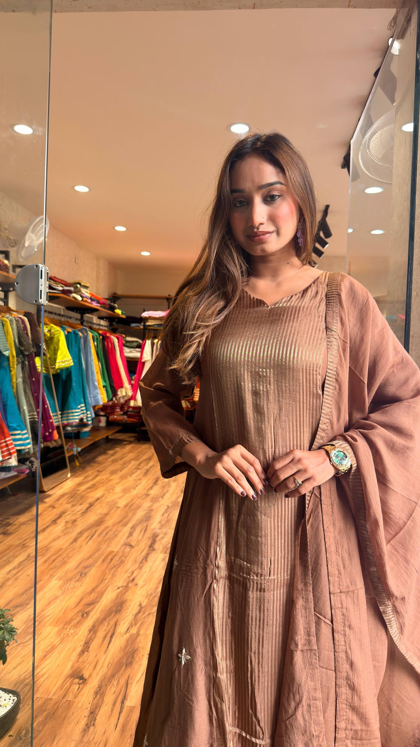 Mocha Beige Glow Tissue Kurta Set with Dupatta