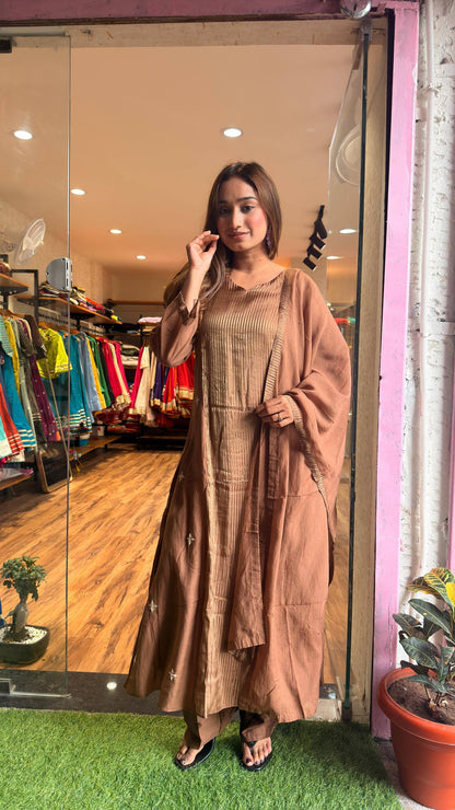 Mocha Beige Glow Tissue Kurta Set with Dupatta