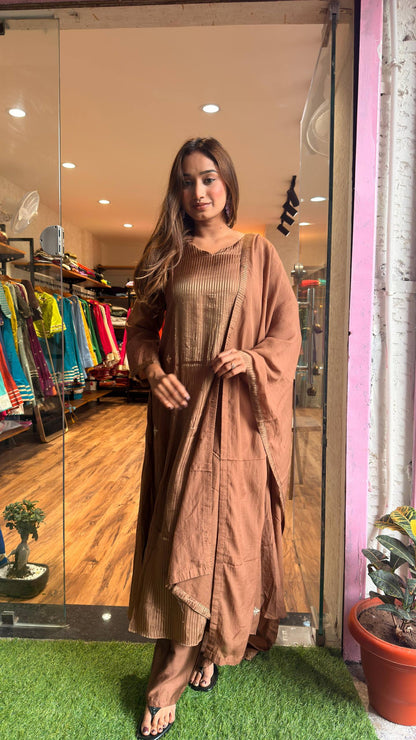 Mocha Beige Glow Tissue Kurta Set with Dupatta