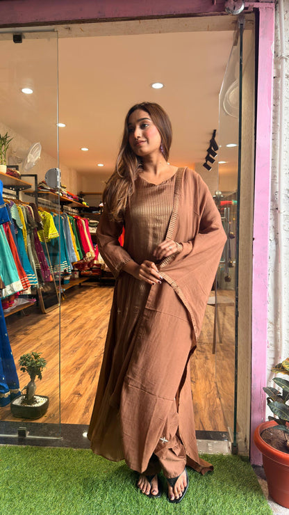 Mocha Beige Glow Tissue Kurta Set with Dupatta