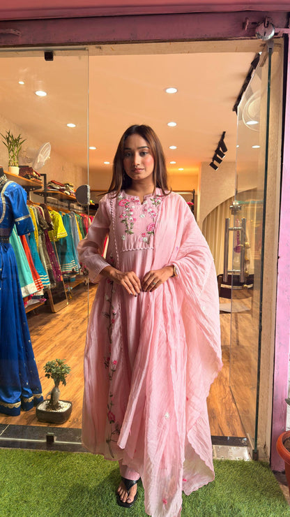 Blush Pink Bloom Embroidered Kurta Set with Dupatta