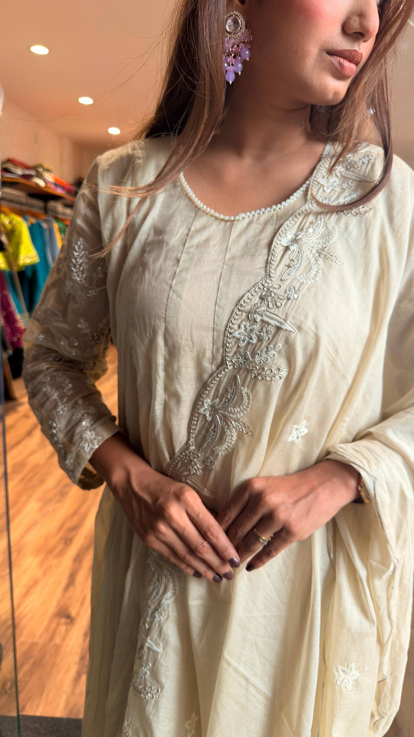 Ivory Pearl Cream Anarkali Kurta Set with Dupatta