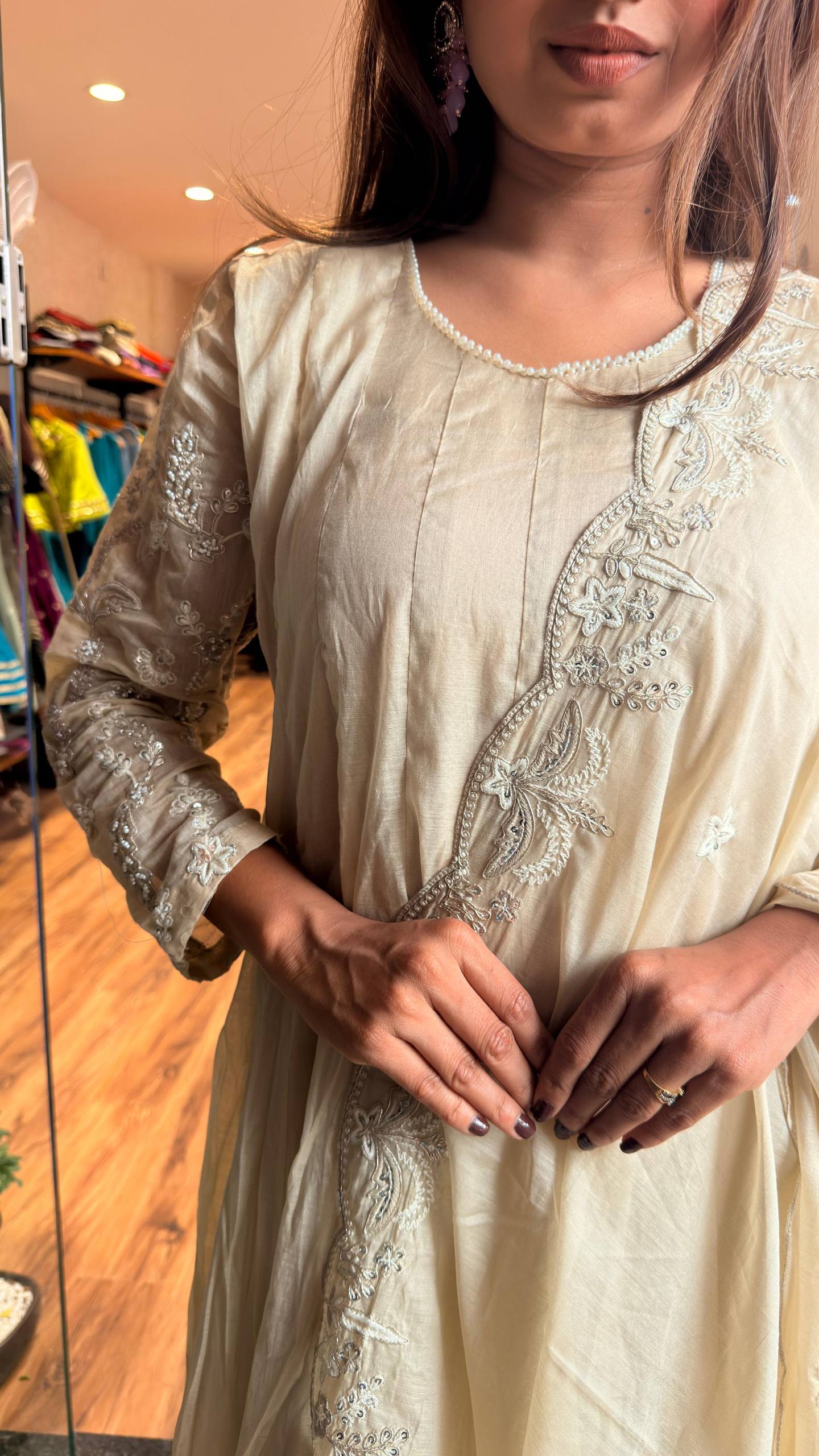 Ivory Pearl Cream Anarkali Kurta Set with Dupatta