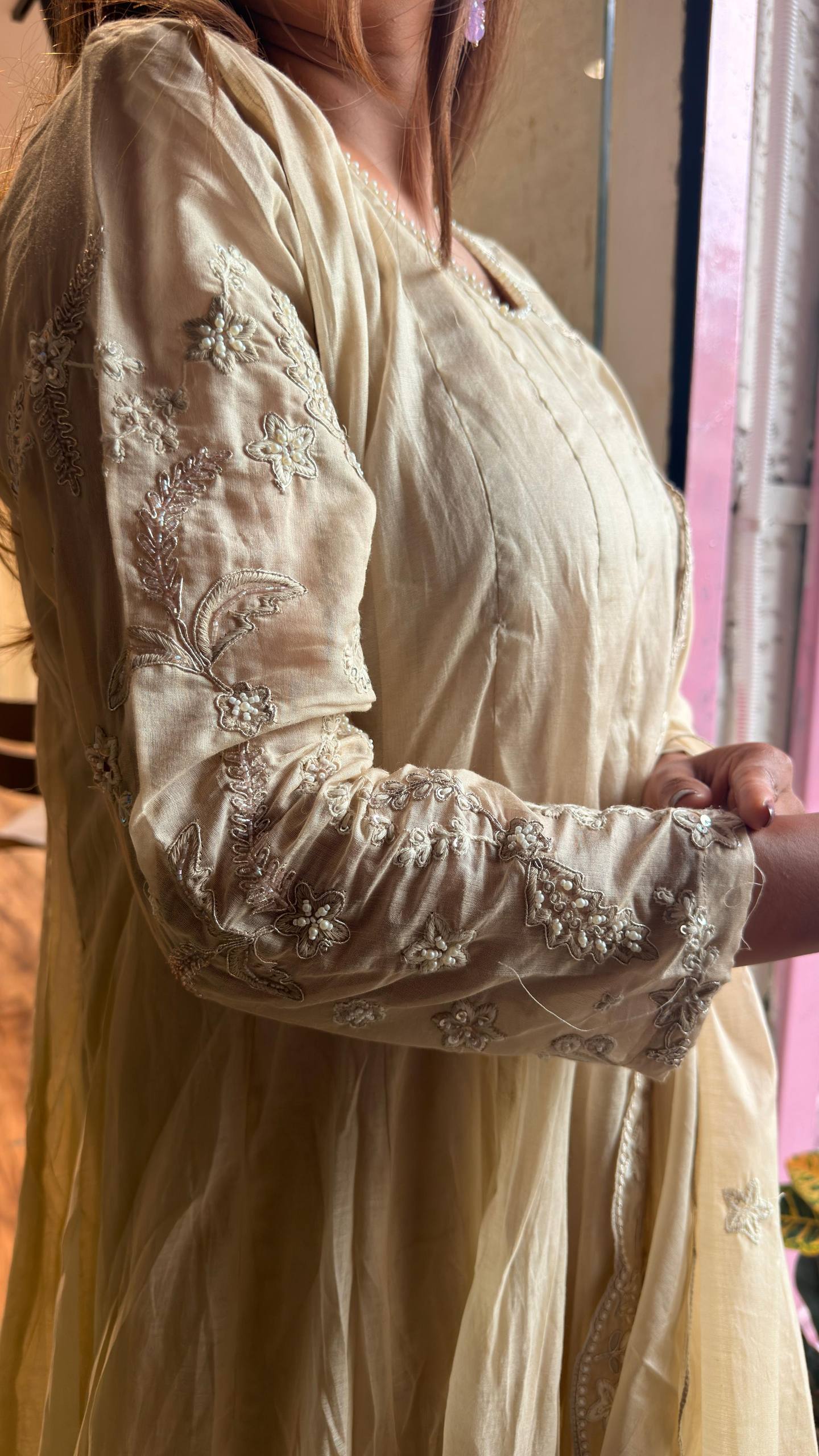 Ivory Pearl Cream Anarkali Kurta Set with Dupatta