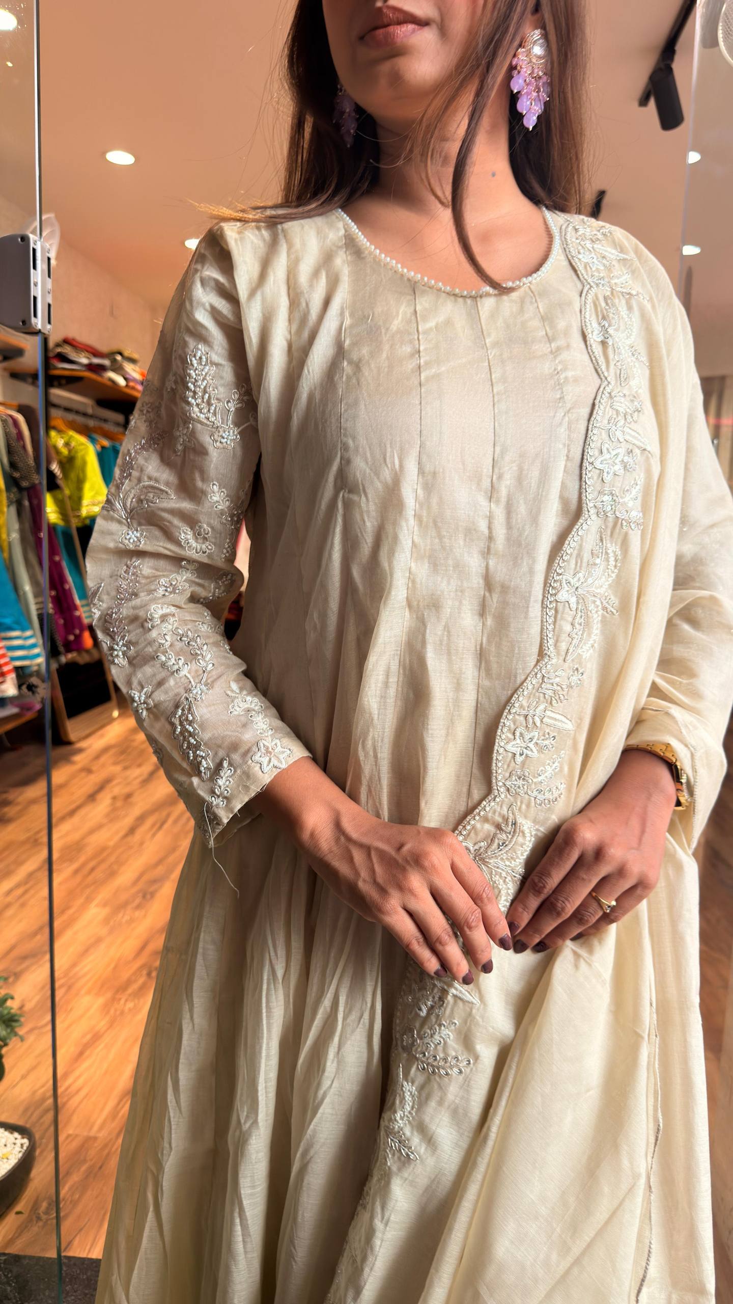 Ivory Pearl Cream Anarkali Kurta Set with Dupatta