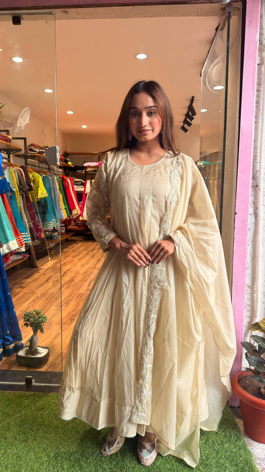 Ivory Pearl Cream Anarkali Kurta Set with Dupatta