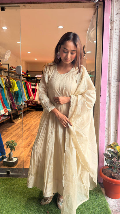 Ivory Pearl Cream Anarkali Kurta Set with Dupatta
