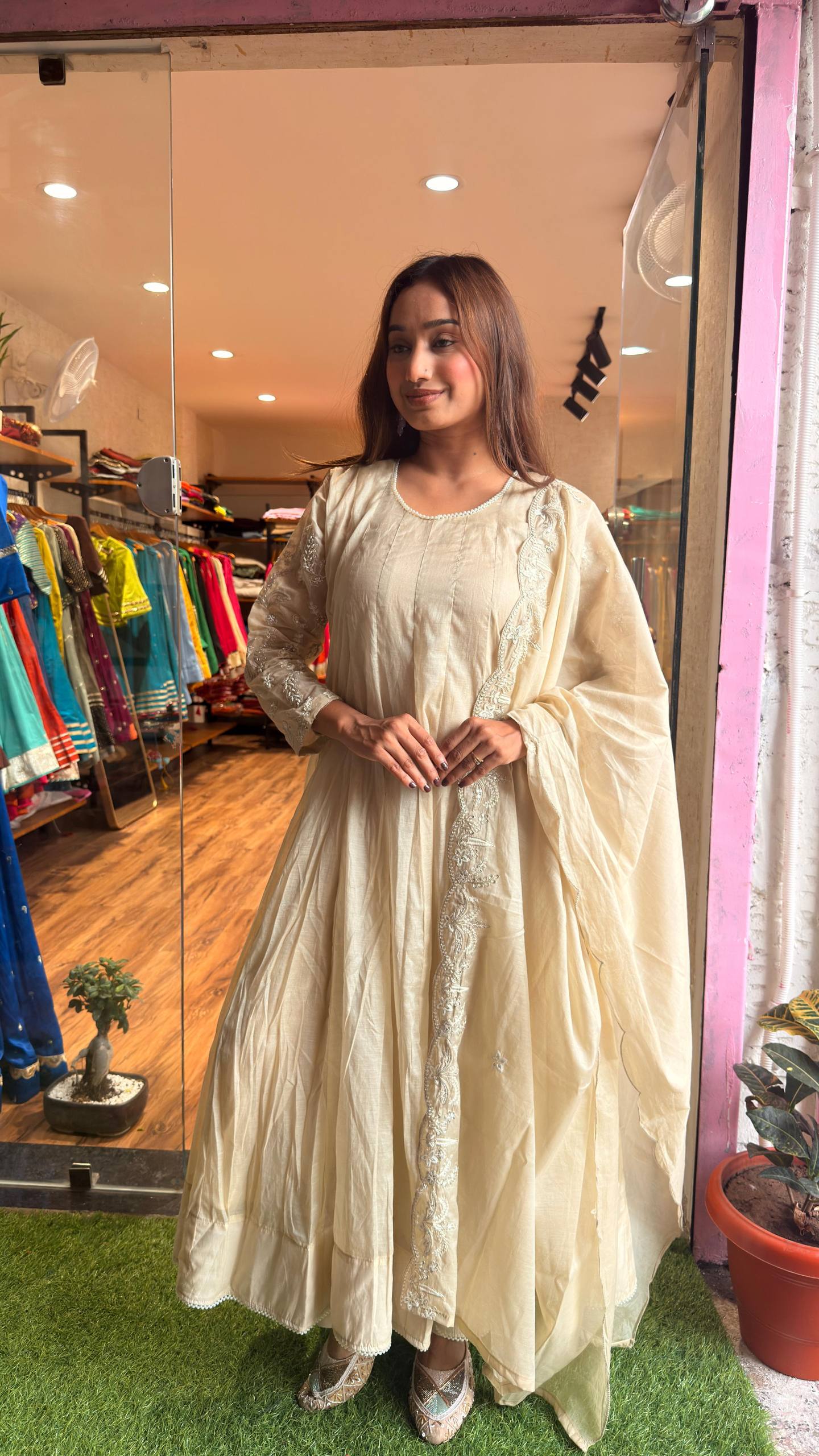 Ivory Pearl Cream Anarkali Kurta Set with Dupatta