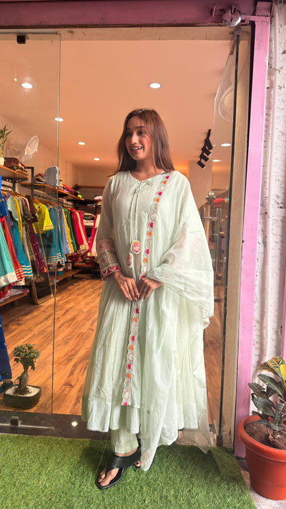 Mint Pista Artisan Lace Embroidered Kurta Set with Dupatta