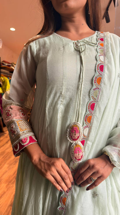 Mint Pista Artisan Lace Embroidered Kurta Set with Dupatta
