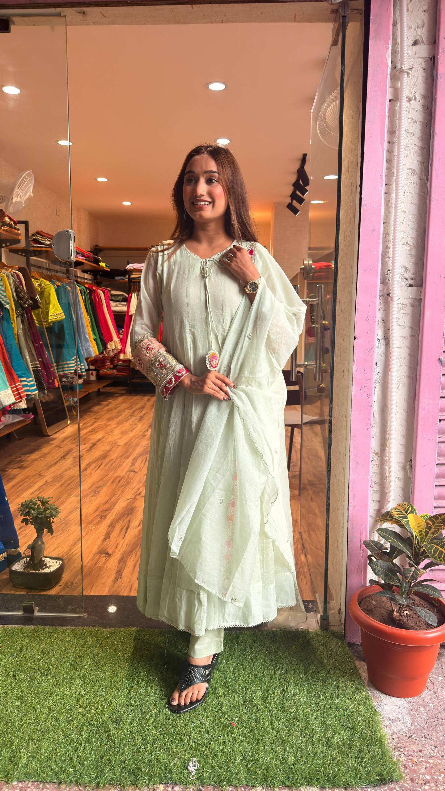 Mint Pista Artisan Lace Embroidered Kurta Set with Dupatta