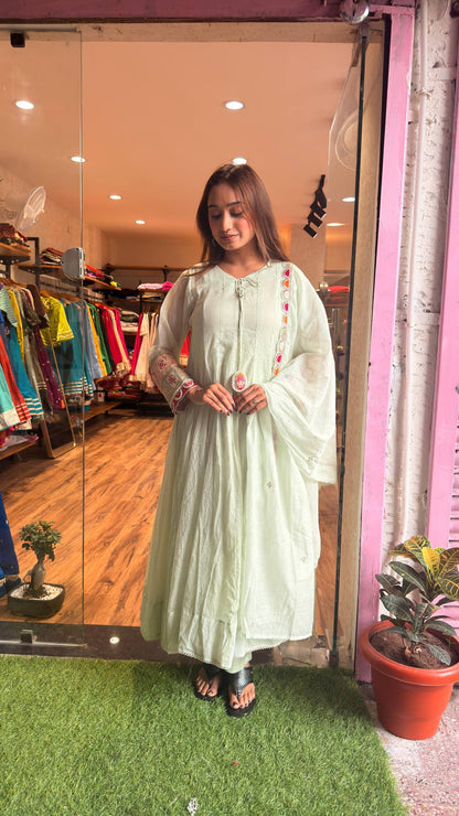 Mint Pista Artisan Lace Embroidered Kurta Set with Dupatta