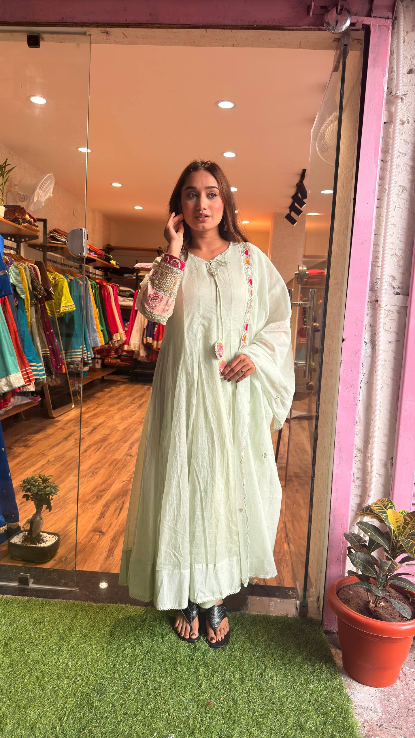 Mint Pista Artisan Lace Embroidered Kurta Set with Dupatta