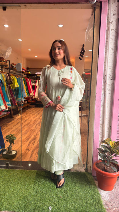Mint Pista Artisan Lace Embroidered Kurta Set with Dupatta