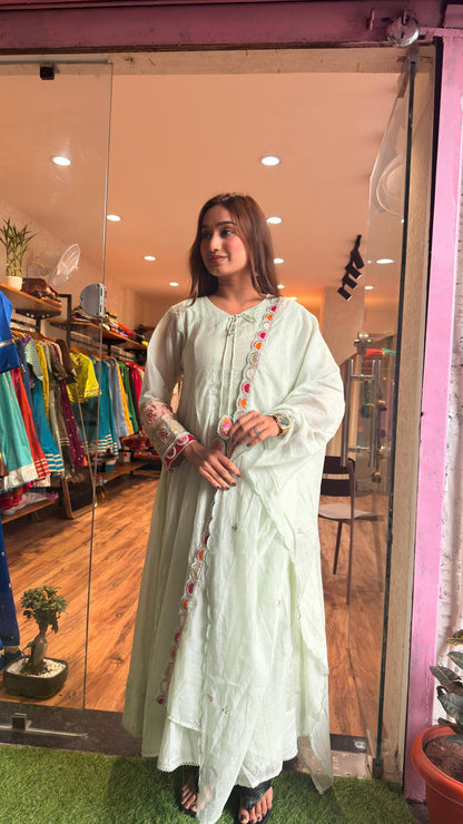 Mint Pista Artisan Lace Embroidered Kurta Set with Dupatta