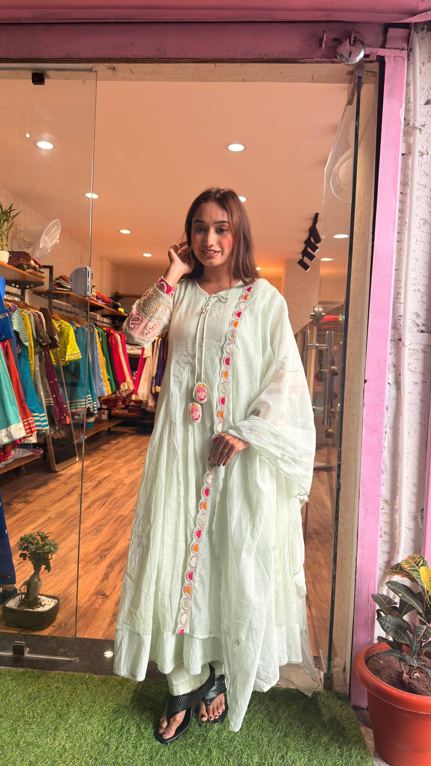 Mint Pista Artisan Lace Embroidered Kurta Set with Dupatta