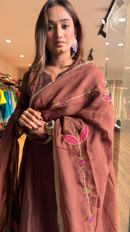 Cocoa Brown Embroidered Kurta Set with Dupatta